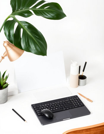 Modern workspace with laptop computer, supplies and monstera leaf on white backgroundの写真素材