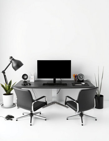 Modern office interior. Workplace with computer, lamp and decorations. 3d render