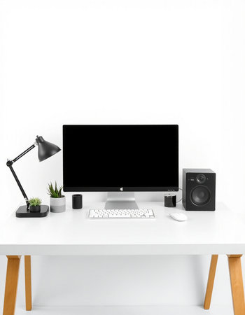 Modern workspace with computer, keyboard and mouse on white table. 3d renderの写真素材