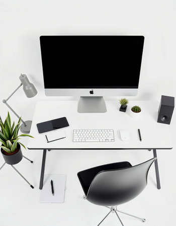 Modern workplace with computer, mobile phone, keyboard, mouse, tablet and plant on white background. 3d renderingの写真素材