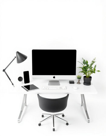 Modern workspace with computer, tablet, smart phone and laptop on white background
