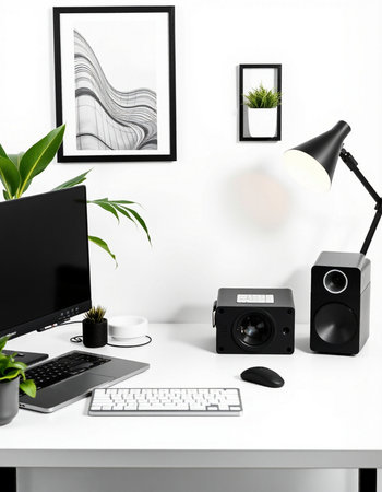 Workplace with computer, camera, keyboard, mouse, lamp and plant on white table