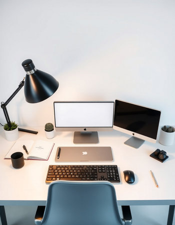Top view of modern designer desktop with blank computer screen, coffee cup and other items.