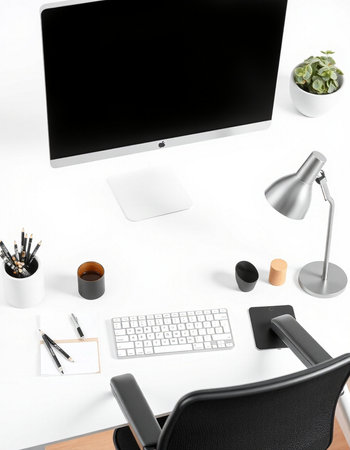 Modern workspace with computer, keyboard, mouse, coffee cup and other items. Flat lay, top view
