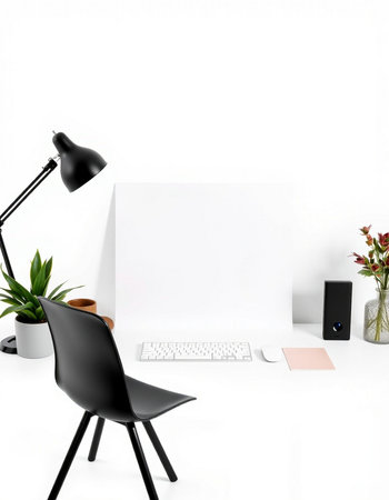 Workplace with a computer on a white background. 3d renderingの写真素材