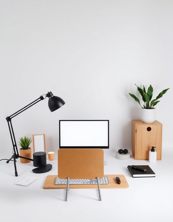 Modern workspace with computer, supplies and copy space on white wall background