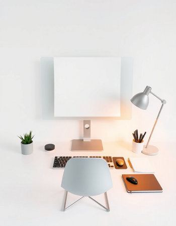 Workplace with computer, lamp, stationery and decorations. 3D rendering