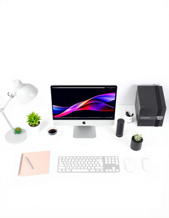 Modern workspace with computer isolated on white background. 3D rendering.