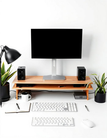 Workplace with computer, keyboard, mouse, coffee cup and plant on white background