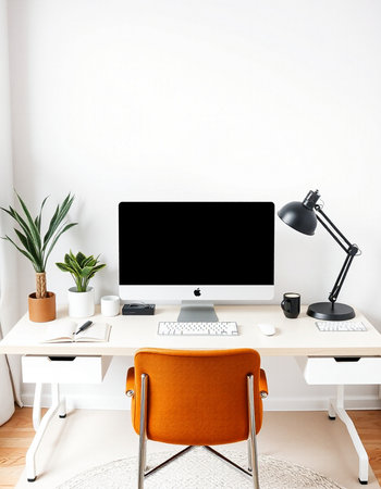 modern workspace with computer and orange armchair. 3d rendering mock up