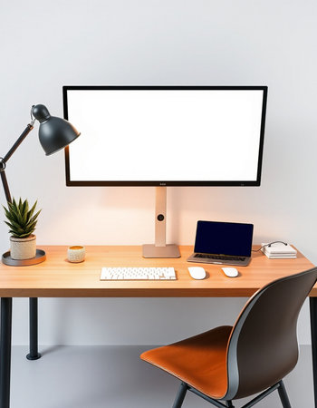 Computer with blank screen on the desk in modern office, 3d render