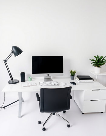 Modern white office interior with computer, desk and accessories. 3D Renderingの写真素材