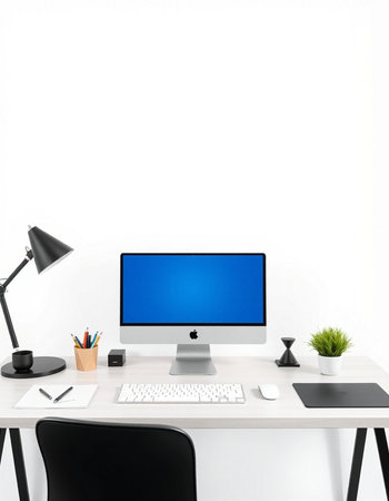 3D illustration computer with blank blue screen, keyboard, mouse, lamp and other items on white...