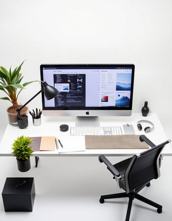 workplace with computer on white table in modern office, top viewの写真素材