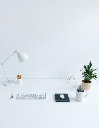 Minimal workspace with computer keyboard, coffee cup and plant on white background