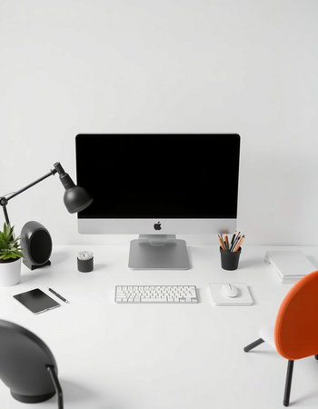 Modern designer desktop with computer, keyboard, mouse and other objects. Mock upの写真素材