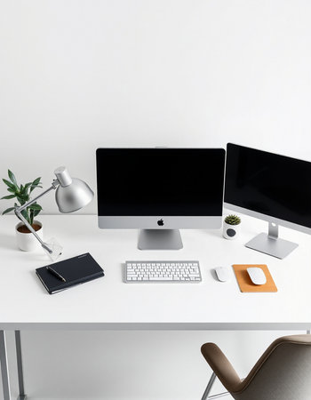 Modern workplace with computer, keyboard, mouse, notepad and other items. 3d render