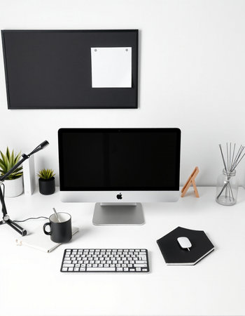 Modern workplace with computer, stationery and coffee cup on white background