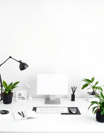 Modern workspace with blank computer monitor, stationery and plants on white table