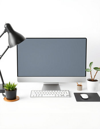 Modern desktop with blank computer screen, lamp, coffee cup, plant and other items. Mock up, 3D...