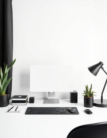 Minimalistic workspace with computer, keyboard, stationery and plant. 3d render