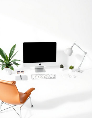 Modern workspace with computer, supplies and copy space on white background. 3D rendering.