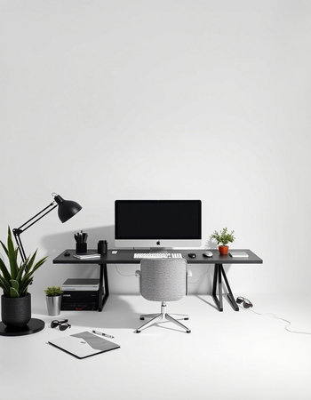 Workplace with computer and supplies on white background. 3d rendering.の写真素材