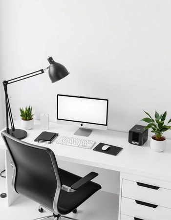 Workplace with computer, lamp and other objects. Workplace concept
