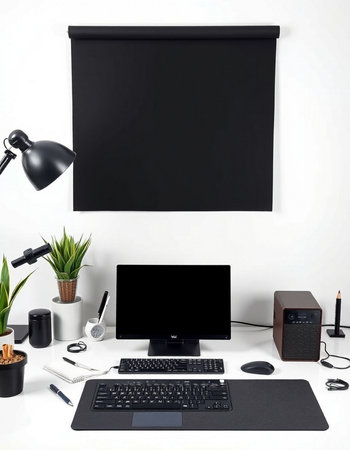Modern workspace with blank blackboard on the wall. 3D rendering