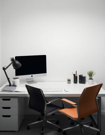Modern office interior with empty computer screen. Mock up, 3D Rendering