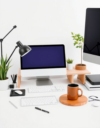 Designer desktop with blank screen computer, coffee cup and other items