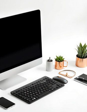 Workplace with computer, mobile phone, coffee cup and accessories on white background