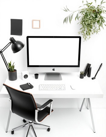 Workplace with computer, stationery, lamp and plant on white background