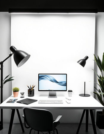 Workplace with computer, lamp and office supplies. 3d rendering.