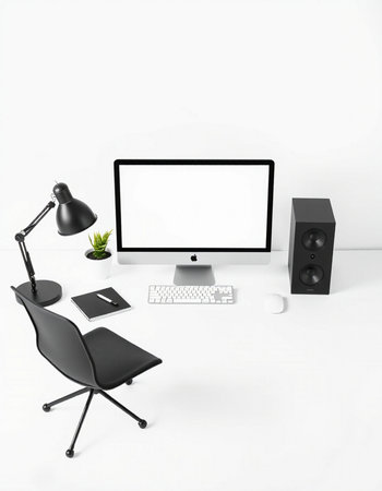 Modern workspace with computer, mouse, keyboard and mouse. 3d render