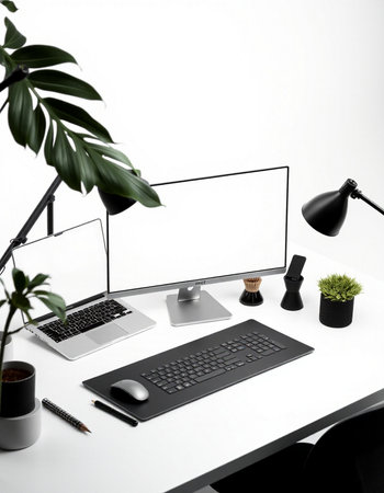 Modern workplace with computer, stationery and plant on white background.
