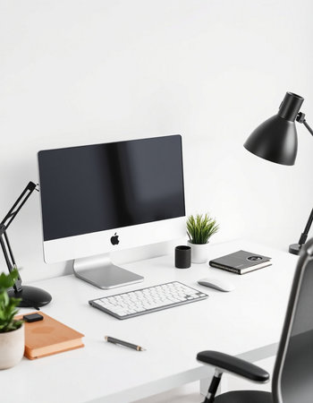 Modern workspace with computer, supplies and decorations. Workplace concept.