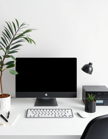 Modern desktop with blank computer screen, keyboard, mouse, stationery and plant. Mock up, 3D...