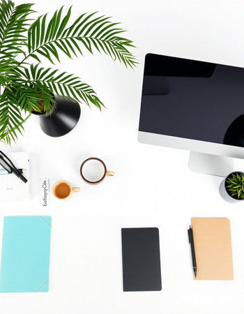 Flat lay, top view office desk table with computer, coffee cup, notebook, smartphone and green...