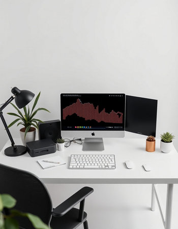 modern designer desktop with computer, keyboard, mouse and other items. 3d rendering