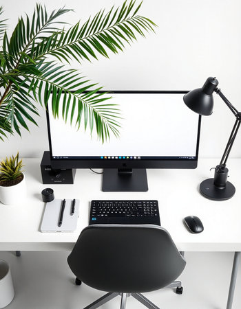 Modern workspace with blank computer monitor, keyboard, mouse, stationery and palm leaves. 3D...