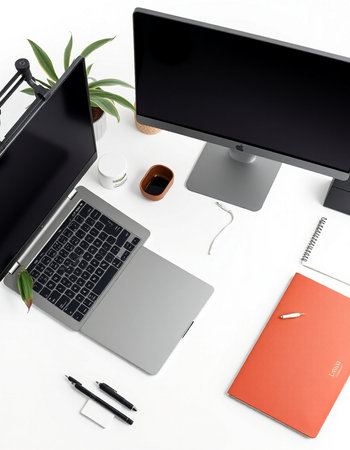 Modern workspace with computer, supplies and copy space. Flat lay, top view