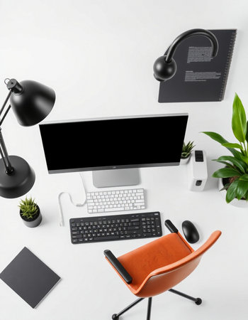 Modern workplace with computer on white background. Top view, flat lay