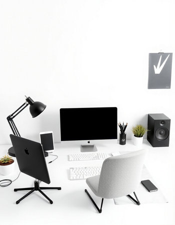 Workplace with computer and accessories on white background. 3d rendering.