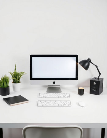 workplace with computer, lamp and stationery on white wall background
