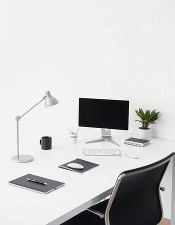 Minimalistic white office interior with computer and supplies. Workplace concept. 3D Rendering