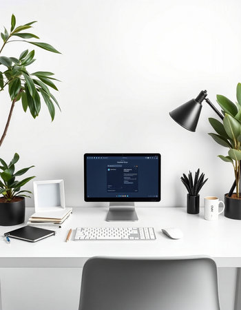 workplace with computer, keyboard, mouse, notebook and plant. 3d rendering