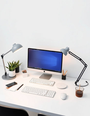 Modern workplace with computer, keyboard, mouse, lamp and other objects. 3D Rendering