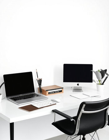 Front view of modern designer workspace with blank computer screen, stationery and coffee cup. 3D...