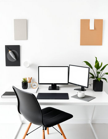 Close up of modern workplace with blank screen computer, supplies and decorations. Mock up, 3D...